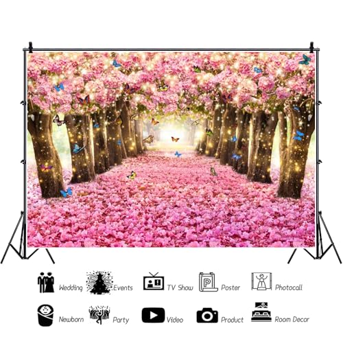 Renaiss 7x5ft Pink Cherry Blossom Backdrop Fairy Tale Romantic Pink Flowers Tree Butterfly Floral Petal Falling Boulevard Photography Background for Wedding Newborn Party Decor Photo Props - color: WSNWH23234, size: 7x5ft