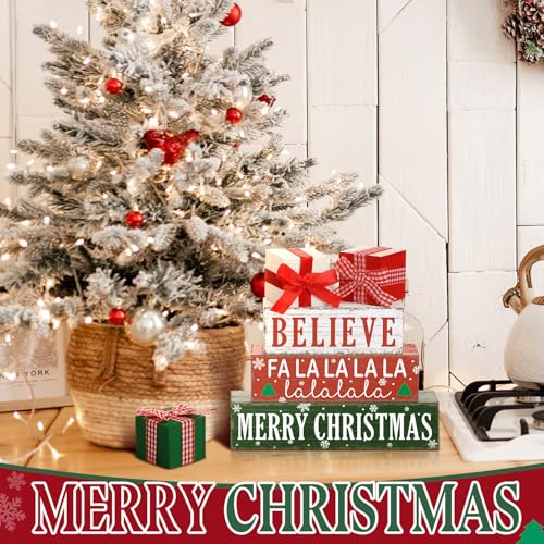 Geelin 4 Pieces Merry Christmas Wooden Table Decorations Xmas Wood Gift Boxes Decor Rustic Christmas Tiered Tray Decor Xmas Believe Tabletop Centerpieces for Home Desk Room Kitchen Shelf - style: Gift