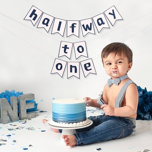 Half Way to One Banner - Neutral Rustic Baby 6 Months Birthday Decor, 1/2 Birthday Party Backdrop for Boys Girls, Cake Smash Photo Props, Baby Shower Decorations (Navy blue) - color: Navy blue