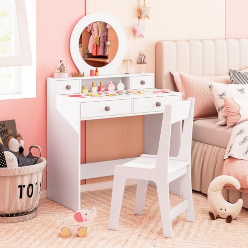 Costzon Kids Vanity, Princess Makeup Dressing Desk with Mirror and Stool, 4 Storage Drawers, Pretend Play Vanity Table and Chair Set for Little Girls (White) - style: White with Round Mirror