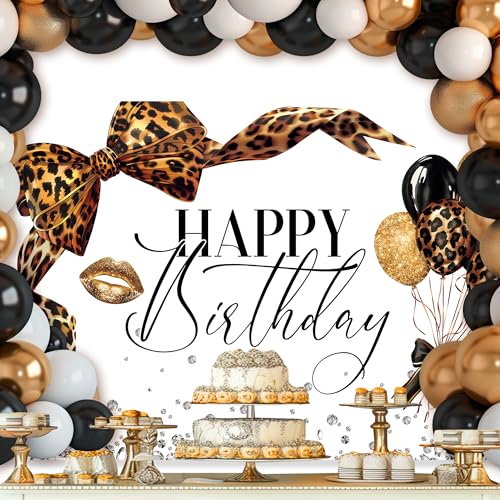 Newsely Leopard Print Bow Happy Birthday Backdrop 7Wx5H Photography Coquette Brown White Gold Bowknot Balloons Diamond Bownot Background Girly Party Decorations Banner Photo Booth Props Supplies - color: B-leopard bow, size: 7Wx5H