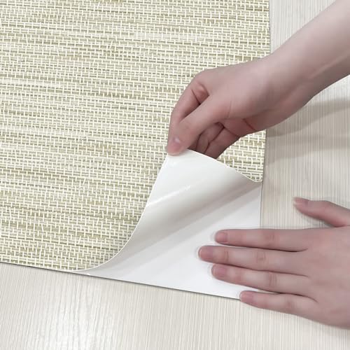 JiffDiff Grasscloth Wallpaper Peel and Stick Cream Grassweave Peel & Stick Wall Paper Textured Wallpaper Self Adhesive Contact Paper 787" x 17.3" - color: Beige, size: 17.3" x 787"