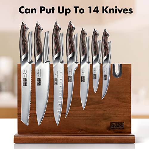 HOSHANHO Magnetic Knife Block 14 x 10 Inches, Double Sided Magnetic Knife Holder Rack for Kitchen Counter, Acacia Wood Magnetic Knife Storage Stand with Knife Sharpener - size: 14*10*4.5 inch