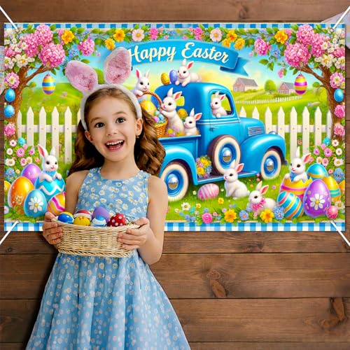 BlissYard Easter Bunny Truck Banner Spring Farm Scene 71x43 Inch Cute Holiday Backdrop with Rabbits Eggs Flowers Happy Easter Design for Yard Porch Party Kids Celebration Display - color: Blue