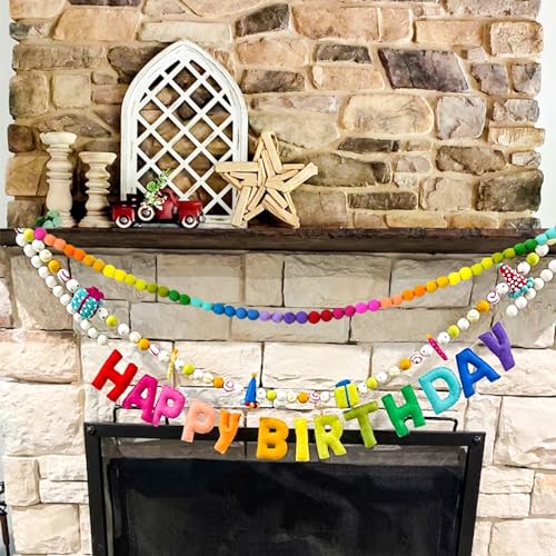 3Pcs Pre-Strung Happy Birthday Banner with Wool Balls, Rainbow Party Decorations, Reusable Happy Birthday Felt Ball Garland, Personalized Holiday Sign for Birthday Party Decor, Home Classroom Decor, Photo Prop (Birthday Banner + Felt Garland + Rainbow Bal