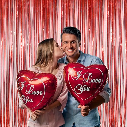 Red Tinsel Curtain Backdrop for Party Decorations - Sparkle Foil Tinsel Fringe Curtains Photo Backdrop Booth (3.2ft x 8ft, 2 Packs) - color: Red