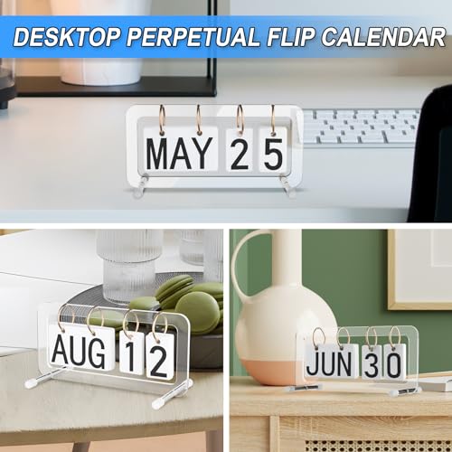 Cosmos Desk Flip Calendar Perpetual Desk Date Calendar Ring Flip Daily Block Calendar for Home Office Teacher Desktop Accessory, Reusable Month Day Display Desk Standing Calendar Decoration, Acrylic