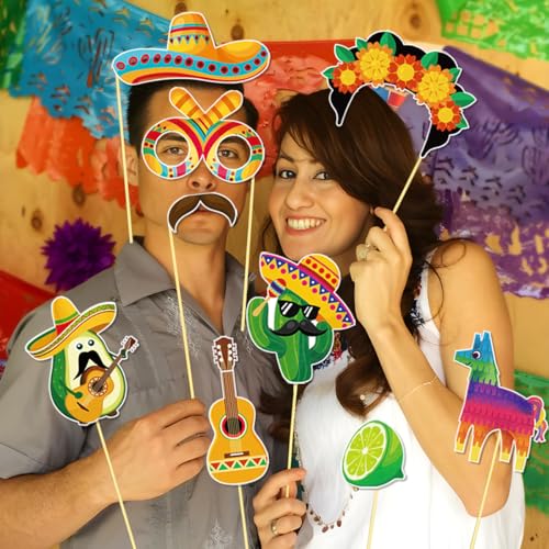 Cinco De Mayo Decorations, Tumwisk 30PCS Fiesta Party Photo Booth Props Kit, Mexican Colorful Cardboard Props Perfect for Cinco De Mayo Mexican Fiesta Taco Party - color: Fiesta