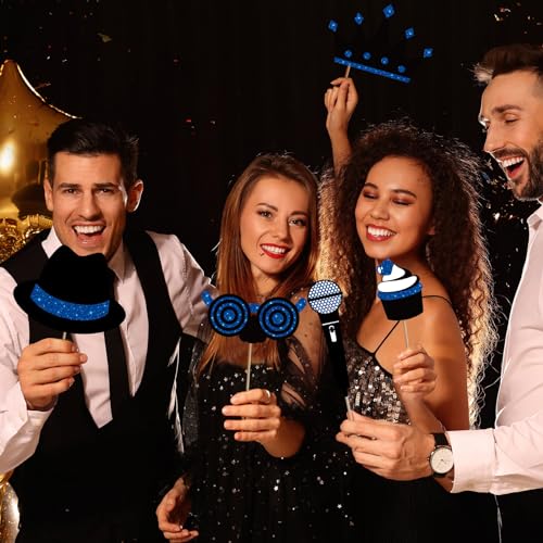 Zonon 24 Pcs Funny Photo Booth Props Class of 2026 Graduation Birthday Wedding Family Class Reunion Prom Disco Party Celebration Decoration Supplies Mix of Hats, Lipstick, Tie(Blue and Black) - color: Blue and Black