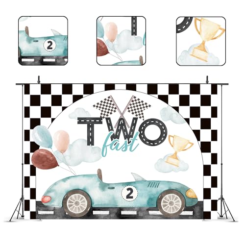 Glawry Two Fast 2nd Birthday Backdrop for Photography 7Wx5H Feet Boys Kids Racing Car Watercolor Teal Green Balloons Black White Flag Grid Party Decorations Photoshoot Background Photo Booth Studio - color: Fast Two Birthday, size: 7Wx5H