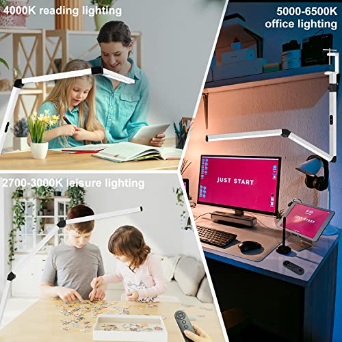 Micomlan LED Desk Lamp for Home Office, Architect Clamp Desk Lamp with Remote Control, Adjustable Dimmable Swing Arm Clamp on Table Light Clip-on Dual Light 5 Brightness Levels & 4 CCT Modes - color: White+Remote