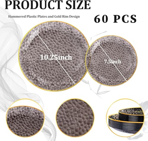 Rubtlamp 60Pcs Black Plastic Plates, Black Disposable Plates With Gold Rim, Clear Heavy-duty Party Plates, Hammered Plastic plates Include 30 Dessert Platos, 30 Dinner Platos for Party - color: Clear Black Gold