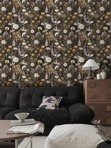 Abyssaly Vintage Floral Wallpaper Peel and Stick, Boho Dark Brown Daisy Contact Paper for Bedroom, Self Adhesive for Renter Accent Wallpaper 17.7 in X 118 in - color: Dark Brown, size: 118" x 17.7"