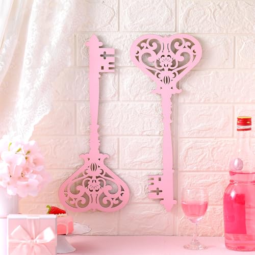 Chunful 2 Pcs Large Skeleton Key Wall Art Signs, Vintage Antique Wooden Farmhouse Wall Decor for Bedroom (13.78 x 5.91 Inch, Pink) - color: Pink, size: 13.78 x 5.91 Inch