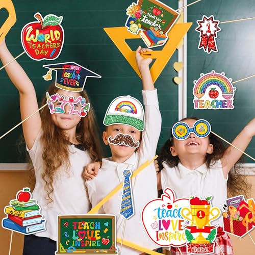 30-Piece Teacher Appreciation Photo Booth Props Set | Glitter Selfie Props with Apple, Pencil & Chalkboard Designs – Perfect for Teachers Day, Appreciation Week & Thank You Parties