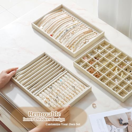Large Velvet Jewelry Tray 2 Pack Stackable Jewelry Display Drawer Inserts Trays Organizer for Earring Bracelet Necklace Ring (Beige, Ring and 9 Grids) - color: Beige, size: Ring and 9 Grids