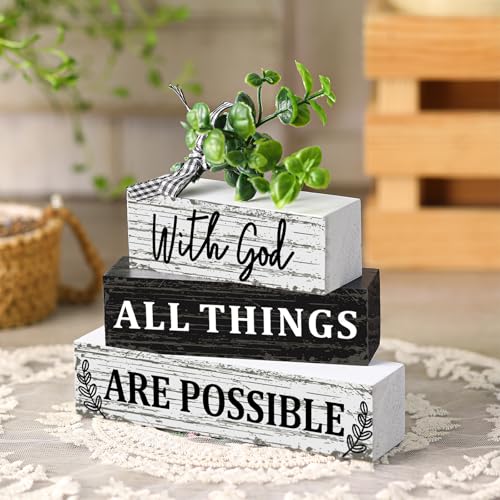 Geelin 4 Pcs Christian Wooden Sign Farmhouse Rustic Eucalyptus Leaves Wood Block Sign Table Centerpiece Religious Tiered Tray Decor Centerpiece Decor for Home Summer - style: Christian