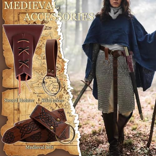 4PCS Medieval Leather Sword Frog Dagger Holder Belt Rapier Scabbard Viking Knight Renaissance Belt Pouch Halloween Costume - color: Pattern-brown