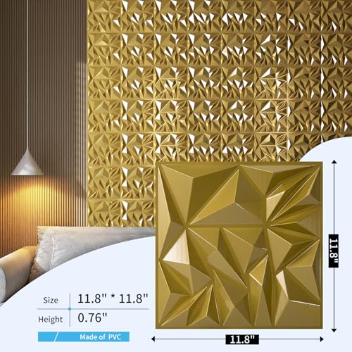 Art3d 33-Pack 3D Wall Panels for Interior Wall Decor, Diamond Textured Feature Wall Paneling for Gaming Living Room TV Wall Background Accent Wall - 12 x 12 inch Gold - color: Gold, size: 12x12 Inch 33 pcs