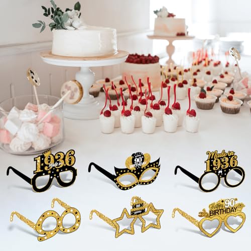 Turypaty 24Pcs 1936 90th Birthday Paper Glasses Decorations for Men Women - Black Gold Happy 90th Birthday Paper Eyeglasses Photo Props, Vintage 1936 Ninety Years Old Birthday Party Supplies - style: Black Gold 90th