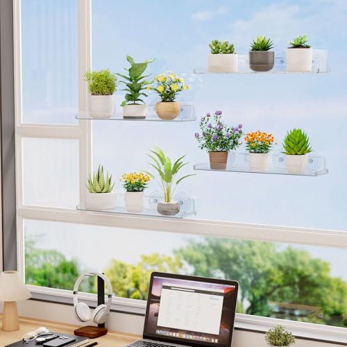 Lifewit Window Plant Floating Shelves 14.6x3.6, 2 Pack Acrylic Suction Cup Shelf, Window Sill Extender for Indoor Succulent Plants, Micro Greens, Seed Starter Pots, Herb Planters 37 x 9 cm/14.6x3.6