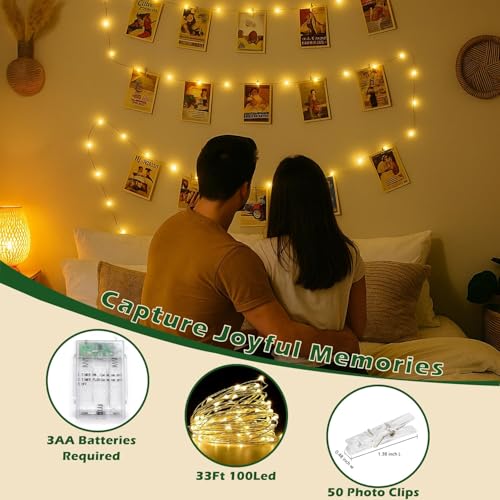 Gifts for Teenage Girls Photo String Light: Battery Operated 33Ft 100LED Fairy Lights with Clips for Pictures with Timer, String Light with 50 Clear Clips for Christmas Bedroom Dorm Décor - color: Battery-Warm White