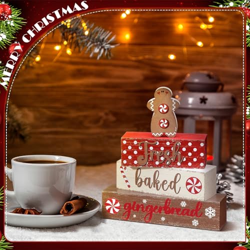 Geelin 4 Pcs Wooden Christmas Tabletop Decor Gingerbread Man Tiered Tray Decor Christmas Centerpiece Rustic Decorative Block Signs Gift Farmhouse Table Decoration for Home Kitchen - style: Gingerbread