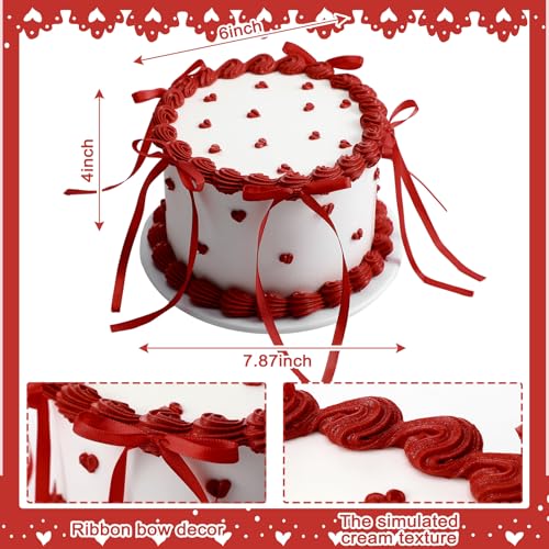Remerry 6 Inch Red Bow White Round Fake Cake Funny Birthday Cake Decor Wedding Dessert Props Artificial White Dessert for Display Photography Women Birthday Wedding Gift - color: Red, style: Round