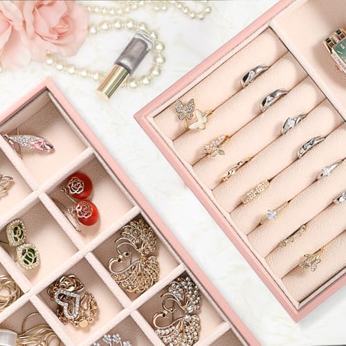 LANDICI Stackable Jewelry Organizer Trays 4 Set,PU Leather Jewelry Organizer Drawer,Jewelry Storage Display Tray for Earring Necklace Rings Bracelet with Removable Dividers,Pink - color: Pink