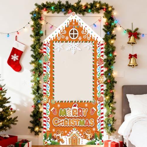 Christmas Party Decorations Christmas Photo Booth Backdrop Large Gingerbread House Xmas Photo Background Banner for Holiday Party, Indoor Outdoor for Family Gathering Office, Classroom Home Décor