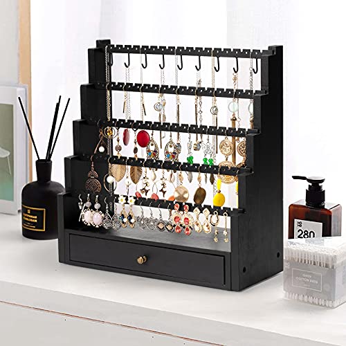 Pinzoveco Earring Organizer, 5 Layer Earring Holder Organizer with Metal Necklace Holder Pole, Rustic Wood Jewelry Organizer Stand Display for Stud Earring Bracelet Necklace Ring, 175 Earring Holes - color: Black