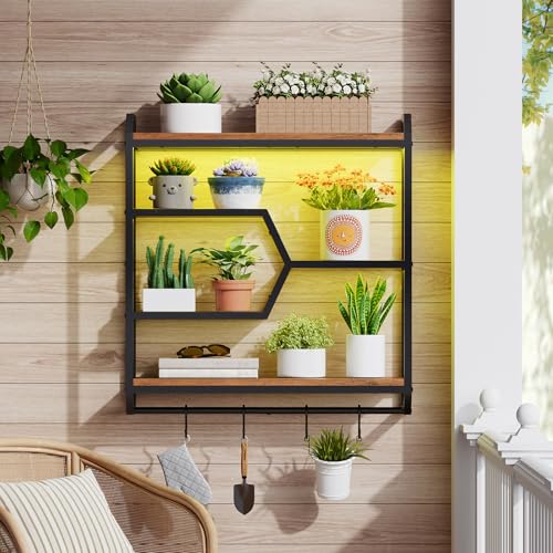 HOOBRO 27.5" Floating Shelf with LED Lights, Gaming LED Wall Mounted Shelf with Hanging Rod & 4 S-Hooks, 4-Tier Hanging Display Rack, for Living Room, Gaming Room, Rustic Brown and Black BF71DBJ01 - color: Rustic Brown + Black