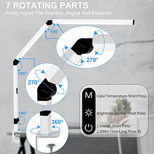 Micomlan LED Desk Lamp for Home Office, Architect Clamp Desk Lamp with Remote Control, Adjustable Dimmable Swing Arm Clamp on Table Light Clip-on Dual Light 5 Brightness Levels & 4 CCT Modes - color: White+Remote