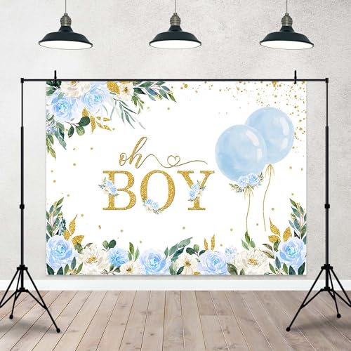 Oh Boy Baby Shower Backdrop - Watercolor Blue Floral Botanical Eucalyptus Blue Balloon Party Decorations Banner & Photo Booth Props (8x6ft) - size: 8x6ft