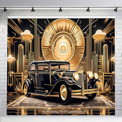 Roaring 20s Background 10x10ft Black Gold Retro Texture Background for 20's Prom Party Decor Portrait Photo Shoot 1920s Vintage Car Backdrop Photography Studio Set Props - size: 10x10FT