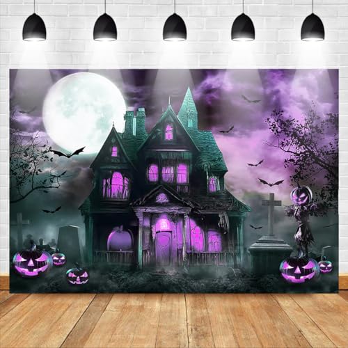 Mocsicka Halloween Backdrop Haunted House Castle Night Pumpkin Terror Costume Party Halloween Kids Birthday Background for Photography Photo Studio Props (Purple, 8x6ft) - color: Purple, size: 8x6ft