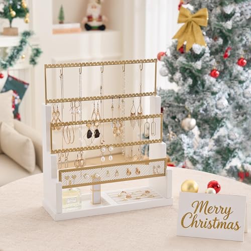 Lolalet Earring Holder Stand, Home Decor 5 Tiers Jewelry Organizer Rack for Stud Earring Necklace Bracelet Wooden Rustic Display Storage with Velvet Ring Tray,Up to 90 pairs of earrings -White - color: White