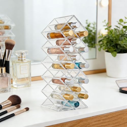 16-Slot Rollerball Perfume Organizer, Clear Acrylic Perfume Holder – Rollerball & Lipsticks Display Stand for Vanity, Countertop & Drawer – Beauty Storage with Anti-Tumble Design
