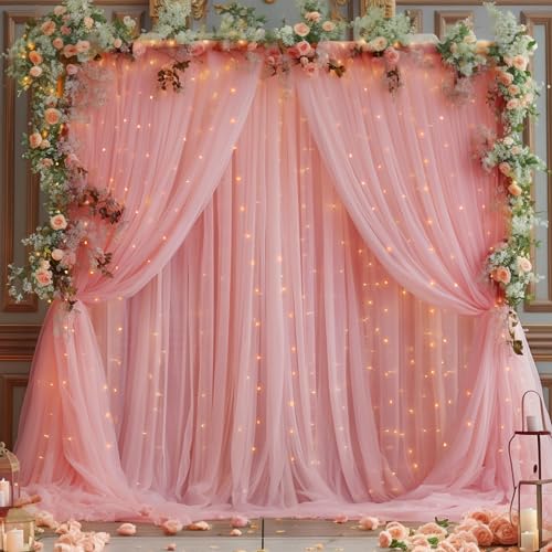 10x8ft Dusty Rose Tulle Backdrop Curtain with Lights String for Parites, Sheer Backdrop Curtains for Wedding Baby Shower Birthday Party Photo Shoot Decorations - color: Dusty Rose, size: 10ft x 8ft(2 Panels 5*8ft)
