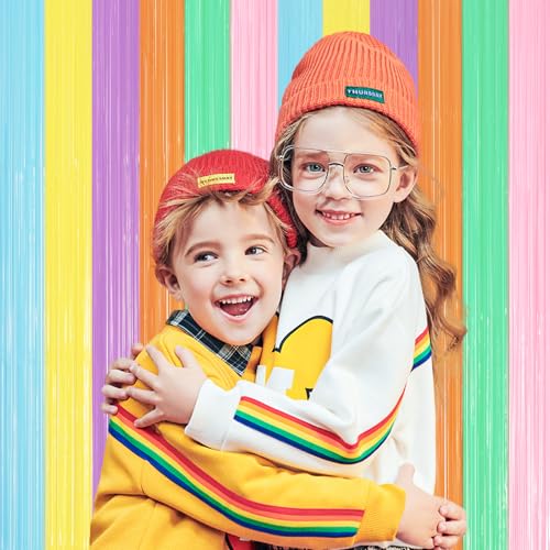 Voircoloria 2 Pack Pastel Rainbow Foil Fringe Backdrop Curtains, Tinsel Streamers Party Decorations, Fringe Backdrop, Door Shimmer for Baby Shower or Birthday Party - color: 47 Pastel Rainbow
