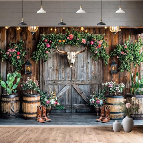 Wathon Western Cowboy Backdrop for Photography Southwest Country Ranch Photo Backdrop Retro Rustic Barn Door with Cactus Floral Texas Photo Background Booth Video Studio Props 5X3FT - color: Floral Bull Skull, size: 5X3FT