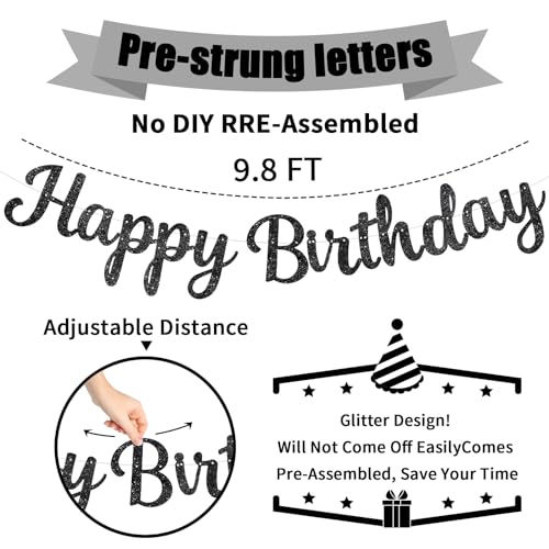 Black Happy Birthday Banner - Pre-Strung, Glitter Black Birthday Sign, 10 Feet, NO DIY, Happy Birthday Garland for Women Men Birthday Party Decorations Supplies - color: Black