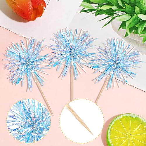 30 PCS Foil Firework Cupcake Toppers Happy Birthday Cupcake Toppers Sparkle Tinsel Flower Drink Stirrers Cocktail Fruit Toothpicks for Valentine's Day Baby Shower Party Cake Decor Supplies Blue - color: A Blue