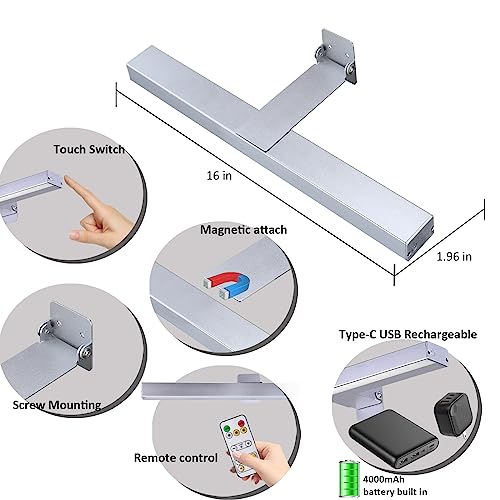MIOBLUE Wireless Picture Lights with Remote, Metal 16in Recgargeable Battery Painting Light Display Lamp with 3 Lighting Modes, Dimmable Dartboard Light with Timer for Frame Portrait Art, Silver - color: Silver, size: 16inch