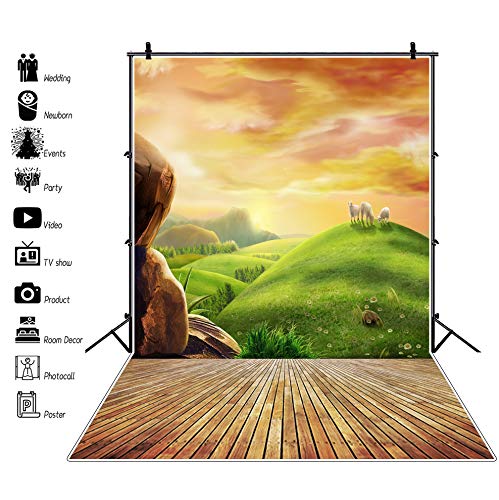 AOFOTO 4x6ft Photography Backgrounds Photo Backdrop Dreamy Pastoral Scenery Cartoon Painting Rosy Clouds Sheep Grass Hillside Wood Floor Props Video Studio Baby Kid Artistic Portrait Vinyl Wallpaper - size: 4x6ft