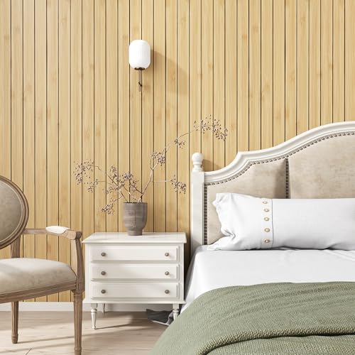 VEELIKE Natural Bamboo Slat Wall Panels Peel and Stick 3D Textured Wood Grain Wall Panels 17''x118'' Self Adhesive Decorative Acoustic Slat Foam Roll for Bedroom Living Room Home Office Accent Walls - color: Natural Bamboo, size: 17''x118''