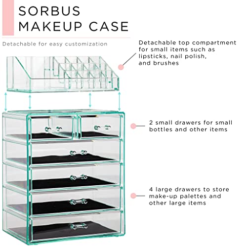Sorbus Acrylic Makeup Organizer Set, 6-Drawer Vanity & Countertop Cosmetic Storage with Small & Wide Compartments, Teal Thrill Makeup Storage for Brushes, Jewelry – Holiday Gift for Women & Teens - color: Teal Thrill, size: 4 Large, 2 Small Drawers
