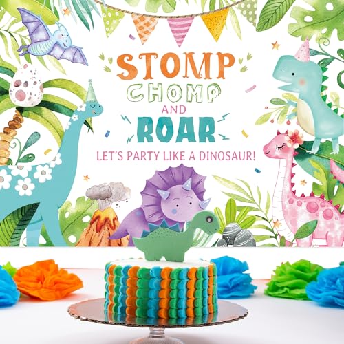 Cartoon Dinosaur Backdrop 7Wx5H Feet Watercolor Cute Dino Tropical Jungle Kids Birthday Baby Shower Party Photography Background Decorations Photo Booth Studio Prop Fabric - color: Cartoon Dinosaur, size: 7Wx5H