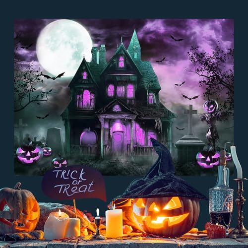 Mocsicka 7x5ft Haunted House Backdrop Halloween Castle Night Pumpkin Terror Costume Party Halloween Kids Birthday Background for Photography Photo Studio Props - color: Purple, size: 7x5ft