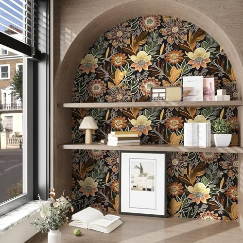 Laatse Boho Wallpaper Peel and Stick Dark Floral Wallpaper for Cabinet Vintage Contact Paper Waterproof Self Adhesive Removable Modern Wall Paper for Bedroom Stair Bathroom 17.5in x393in - color: Black/Brown, size: 17.5" x 393"